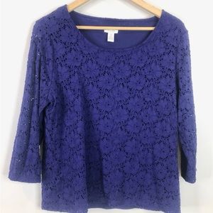 💎 Chicos Classy Purple Floral Lace Overlay Scoop Neck 3/4 Sleeves 2 Large 12/14